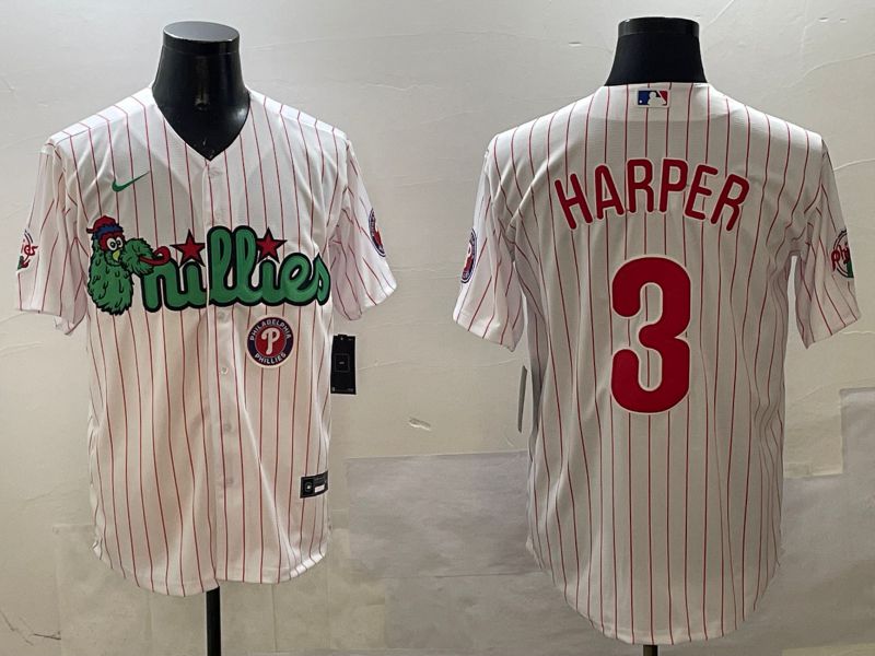 Men Philadelphia Phillies 3 Harper White Stripe Three generations Joint Name Game 2025 Nike MLB Jersey style 5